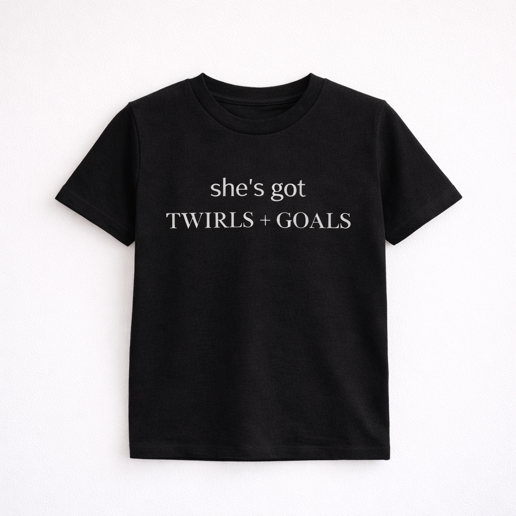 She’s Got Twirls & Goals™ Kids Tee – Dance Girl Shirt (Minimalist Dance Apparel)