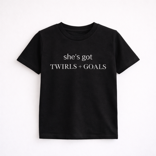 She’s Got Twirls & Goals™ Kids Tee – Dance Girl Shirt (Minimalist Dance Apparel)