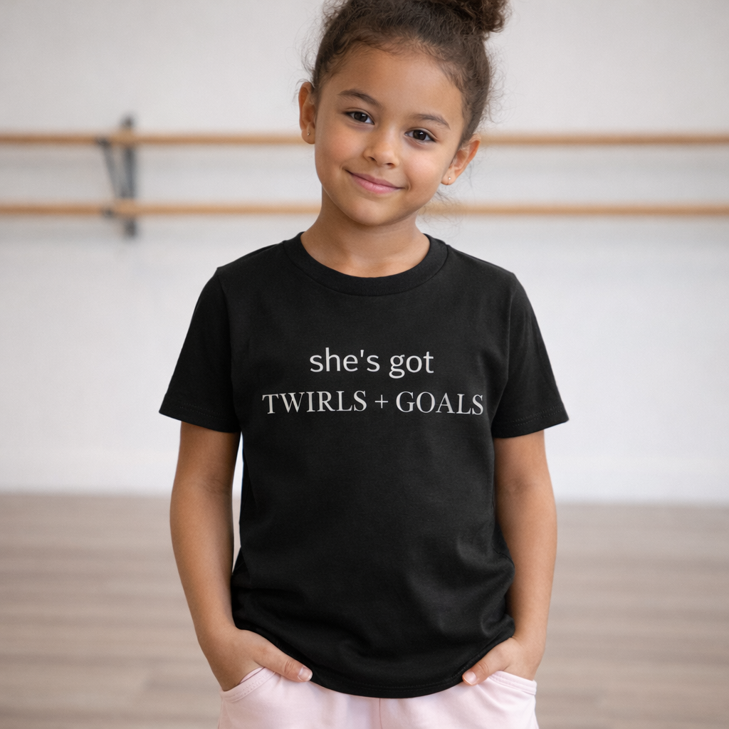She’s Got Twirls & Goals™ Kids Tee – Dance Girl Shirt (Minimalist Dance Apparel)