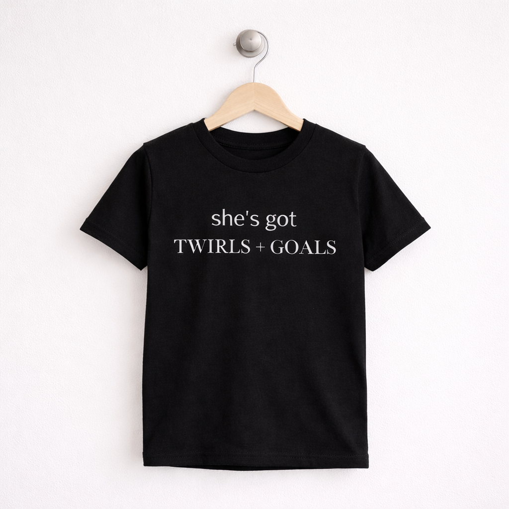 She’s Got Twirls & Goals™ Kids Tee – Dance Girl Shirt (Minimalist Dance Apparel)