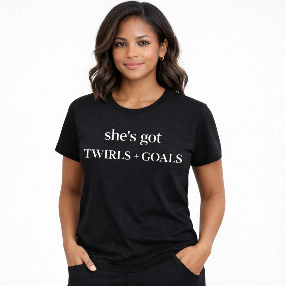 She’s Got Twirls & Goals™ – Dance Mom Tee (Minimalist Dance Life Shirt)